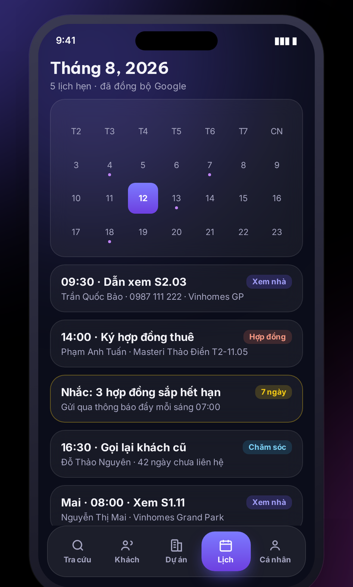 Màn hình lịch hẹn dẫn khách và nhắc việc